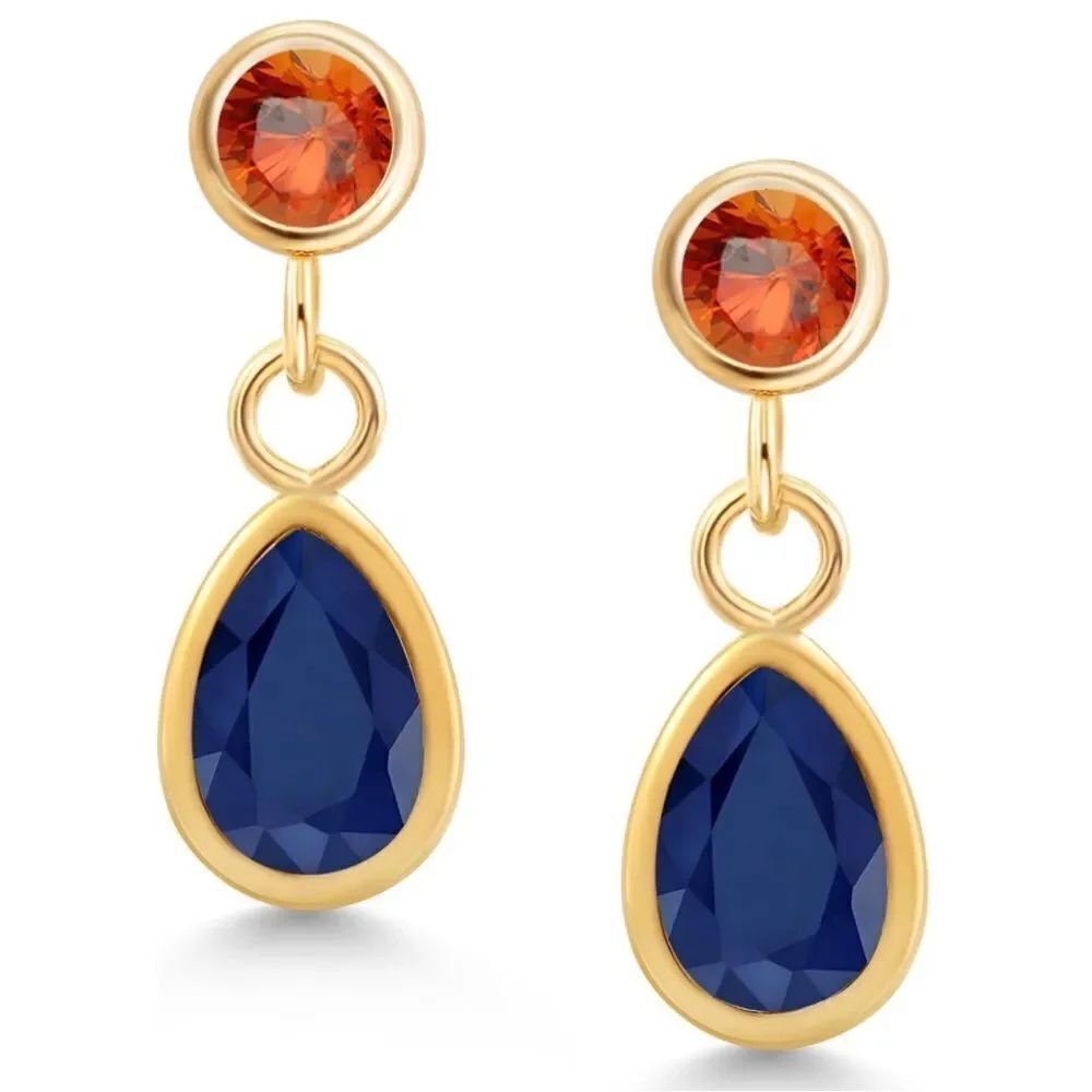 14K Yellow Gold 1.32 Cttw Navy Blue Sapphire and Orange Sapphire Post Earrings
